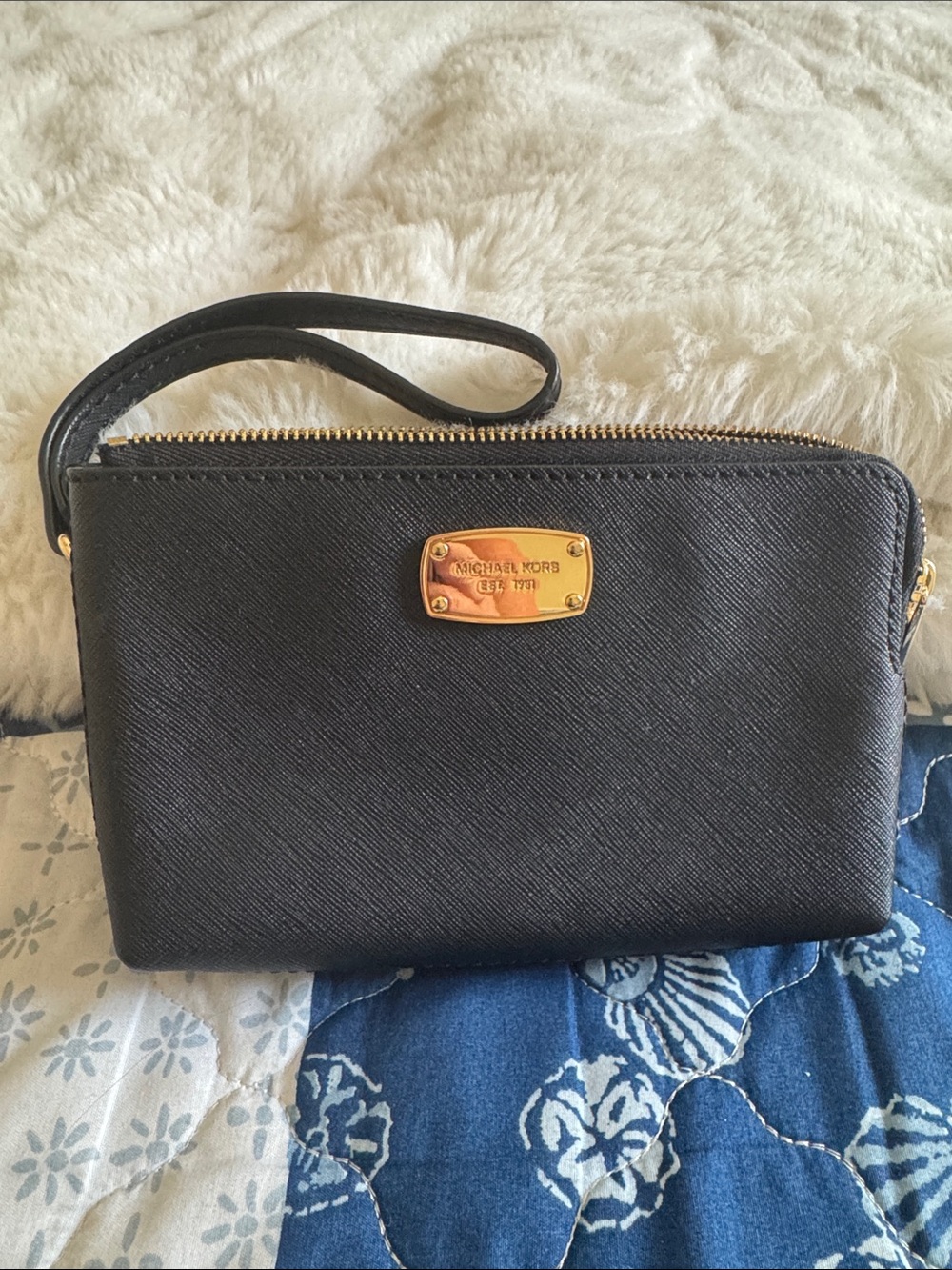 Michael Kors Black Saffiano Leather Wristlet with Gold Plate